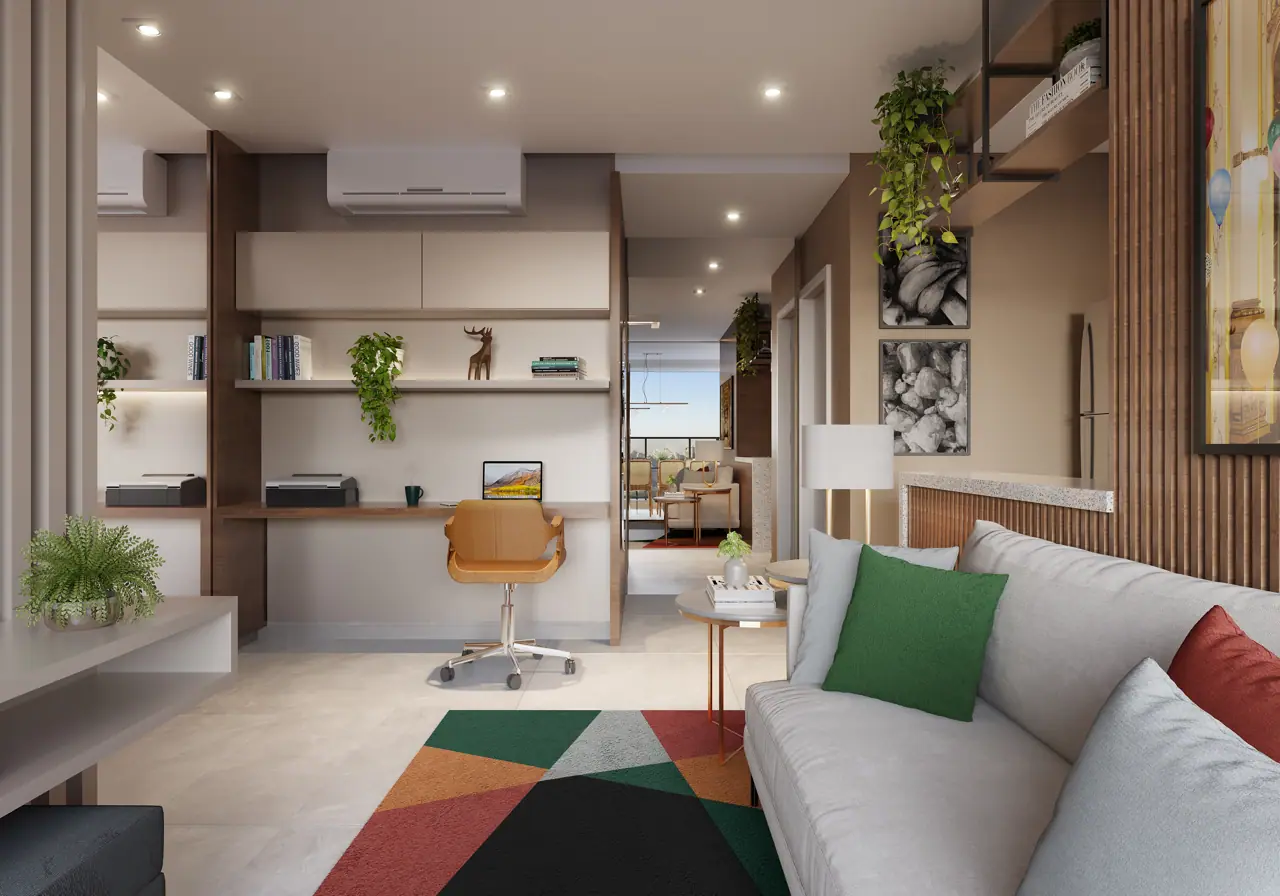 Home office com bancada e estante integrado à sala