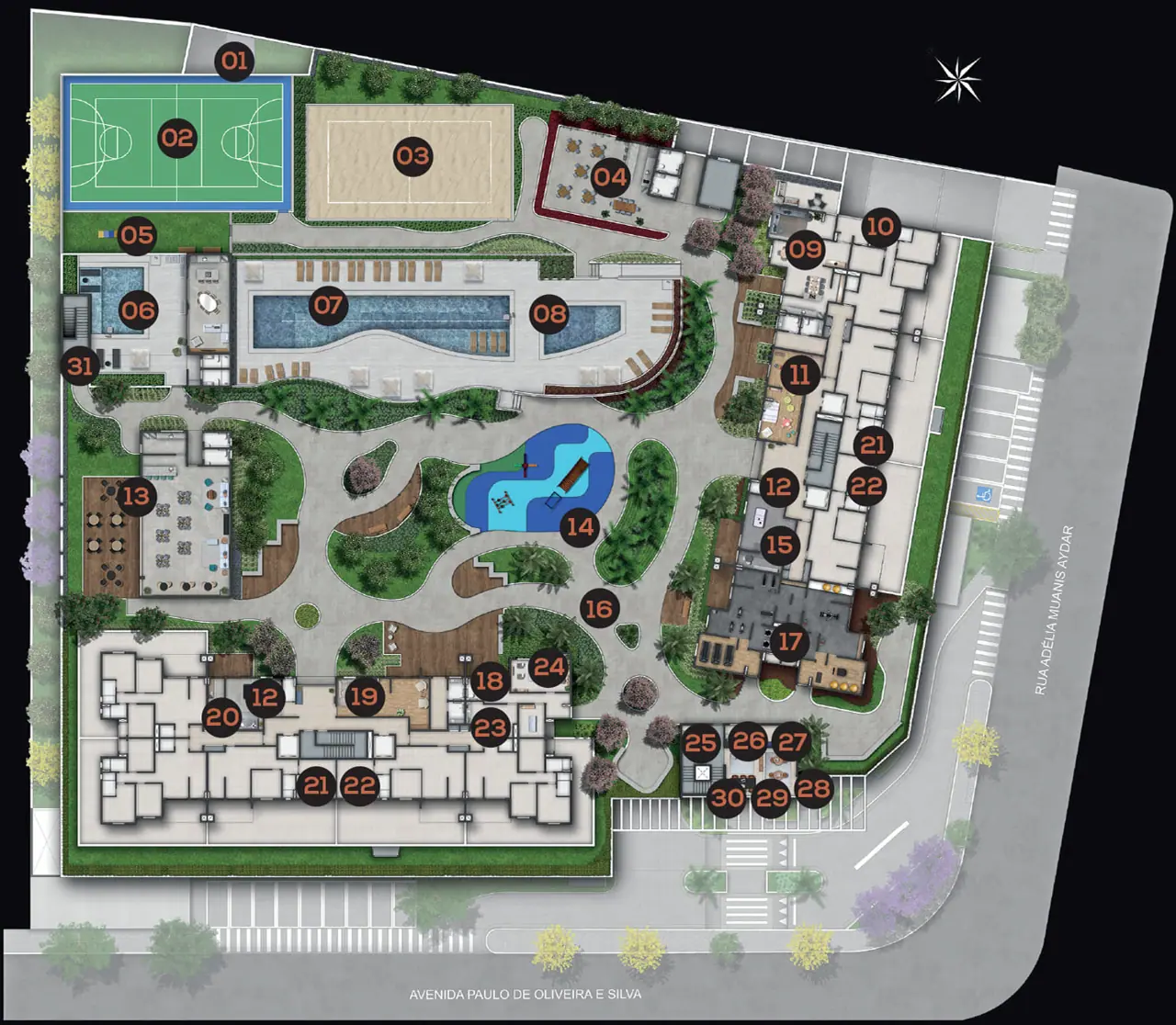 Implantação do Jazz Residencial com os 30 espaços de lazer numerados