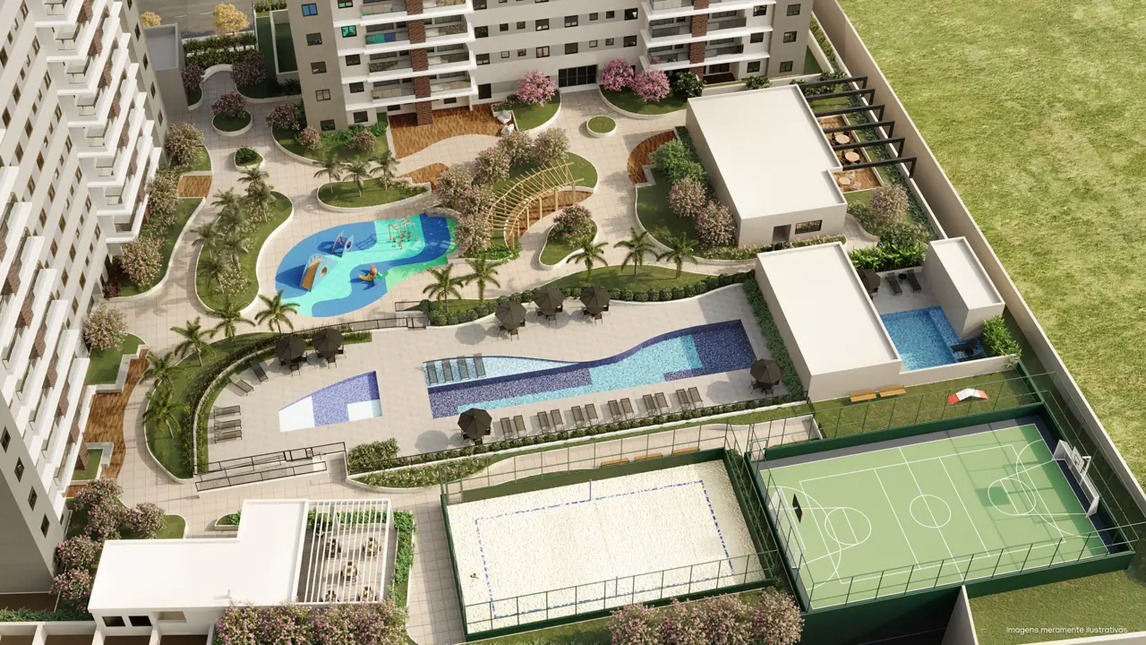 Vista aérea do clube de lazer entre as duas torres