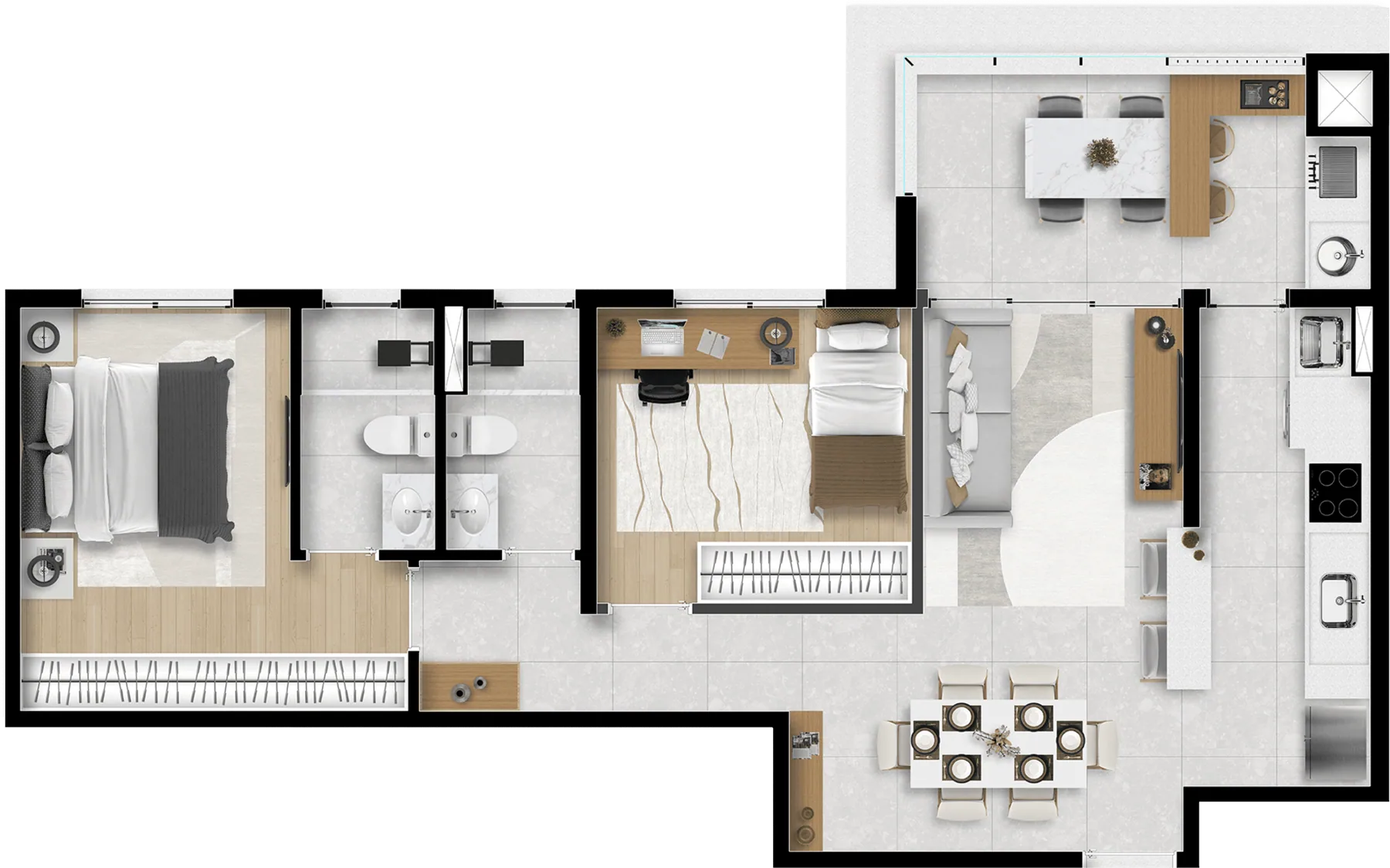Planta humanizada de 67,53 m², 2 dormitórios, sendo 1 suíte