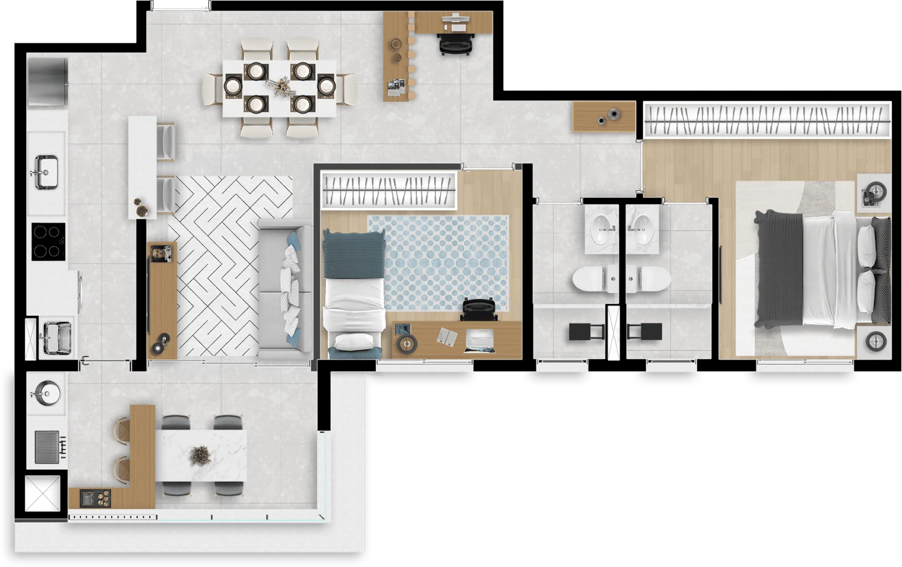 Planta humanizada de 69,33 m², 2 dormitórios, sendo 1 suíte