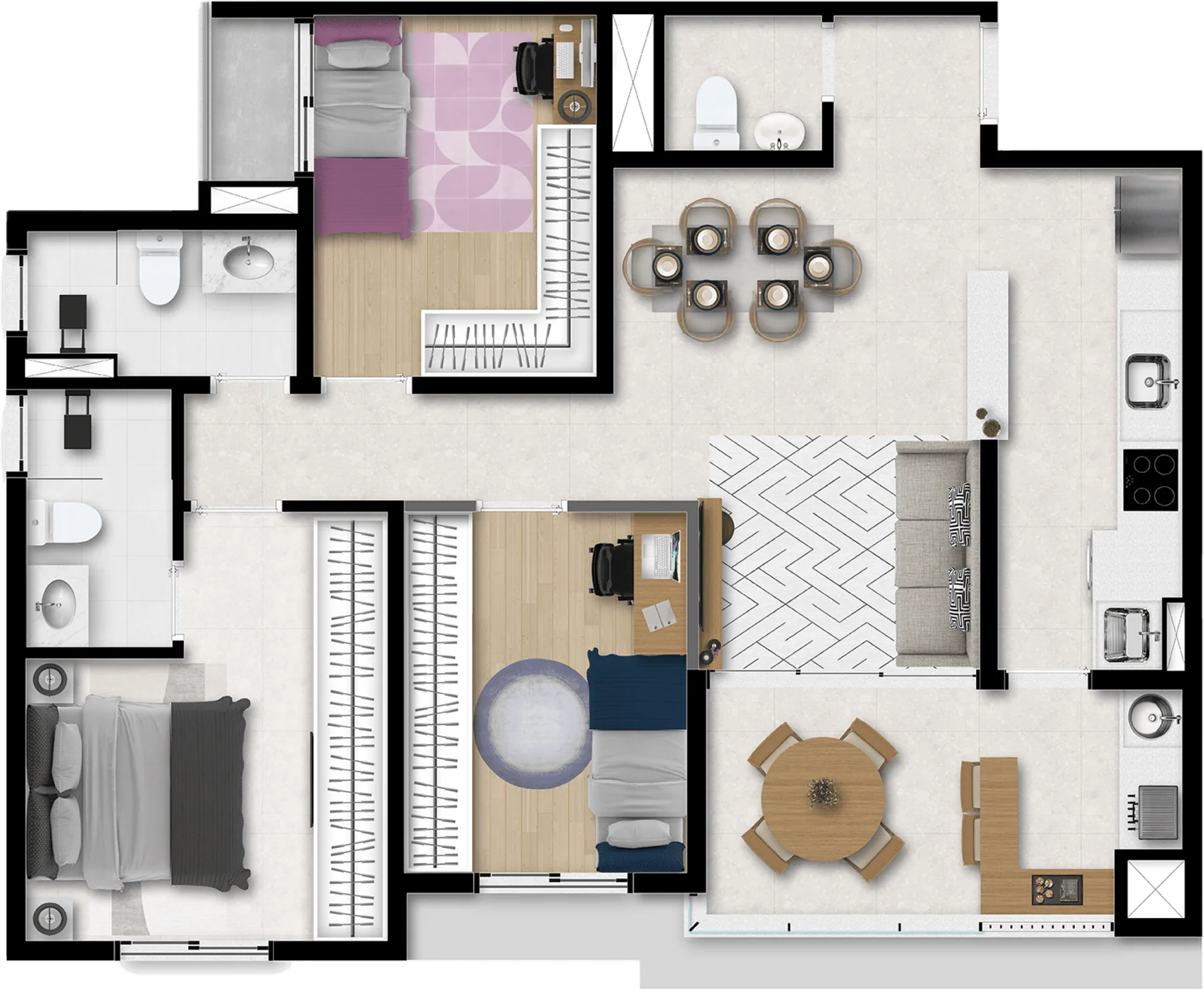 Planta humanizada de 80,01 m², 3 dormitórios, sendo 1 suíte