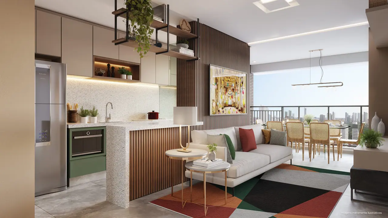 Sala de estar integrada à cozinha e à varanda do apartamento decorado