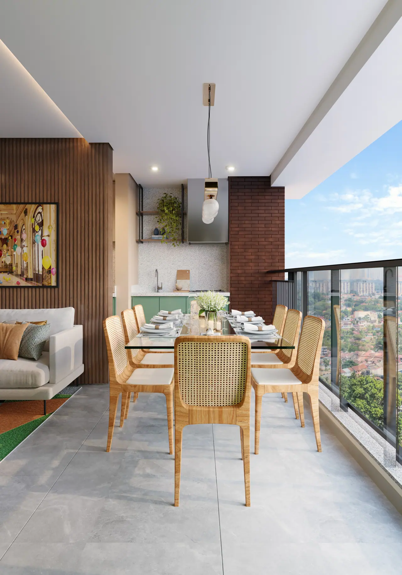 Varanda gourmet do apartamento decorado ao entardecer