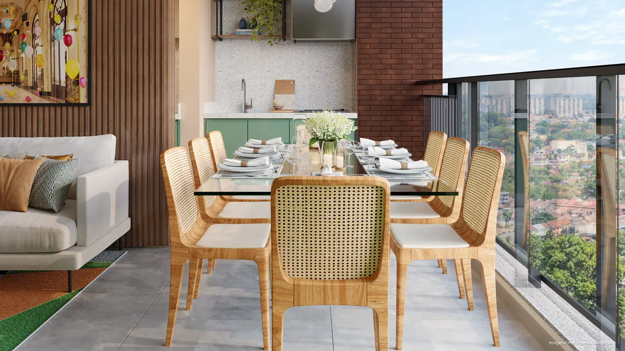 Varanda gourmet com mesa de jantar para oito pessoas